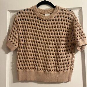 Varley Short-Sleeve Open-Knit Sweater in Beige